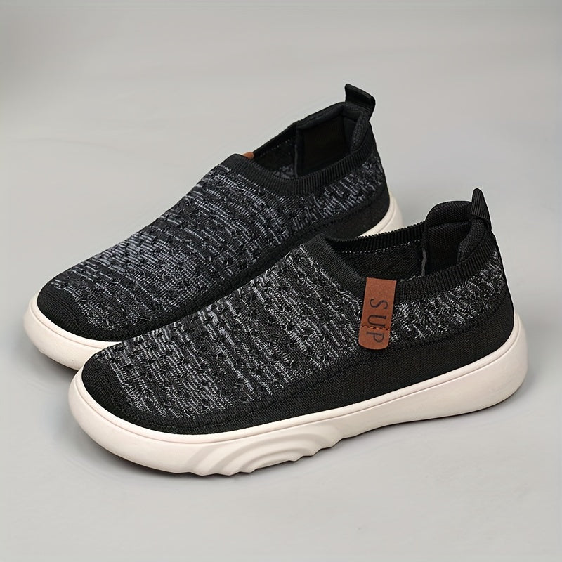 Mocasines casuales sin cordones para mujer: tejido de punto transpirable, suela gruesa, suela de goma antideslizante, gris versátil con detalle de cubierta marrón, calzado cómodo para todas las estaciones, zapatos casuales