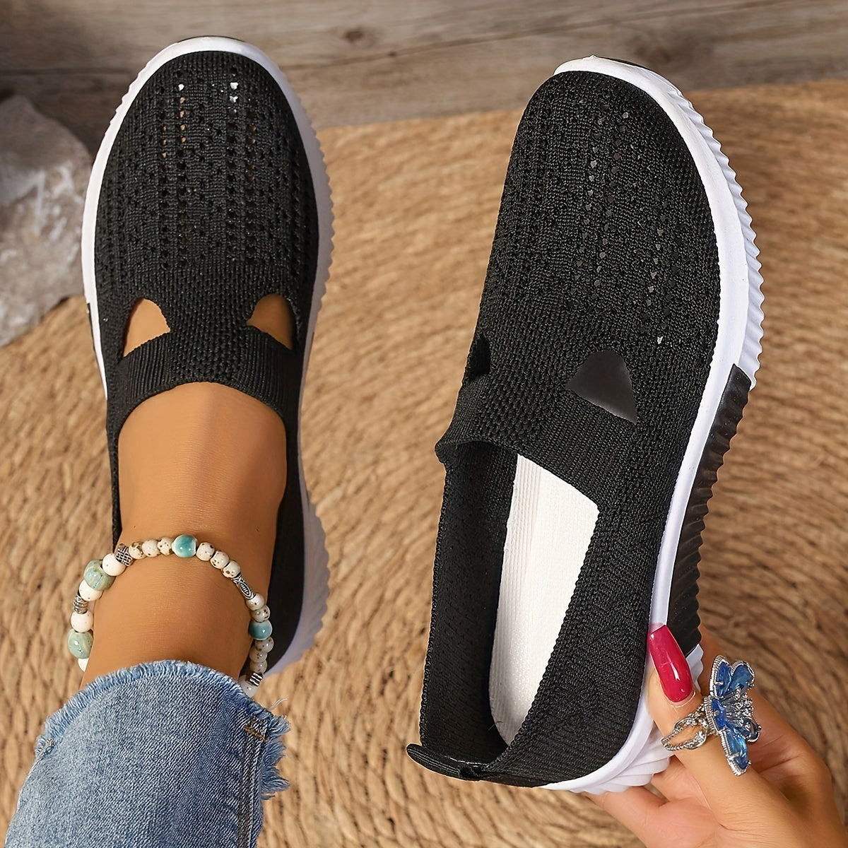 Zapatillas informales sin cordones transpirables para mujer: zapatos para caminar de tejido de punto con suela de goma y plantilla de fibra superfina, diseño de punta lisa de caña baja, calzado cómodo para todas las estaci