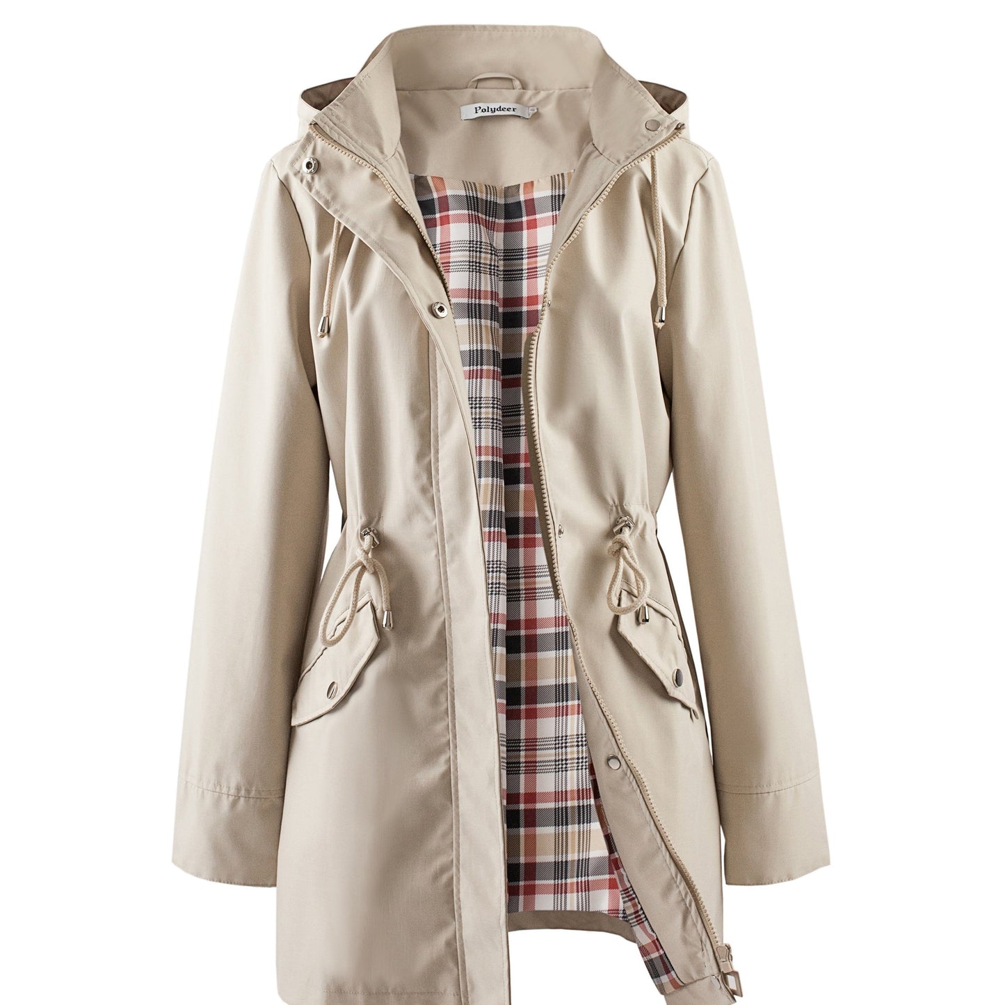 🌿 Chaqueta Impermeable Ligera para Mujer – Elegancia Verde con Capucha, Forro a Cuadros y Cintura Ajustable 🌧️