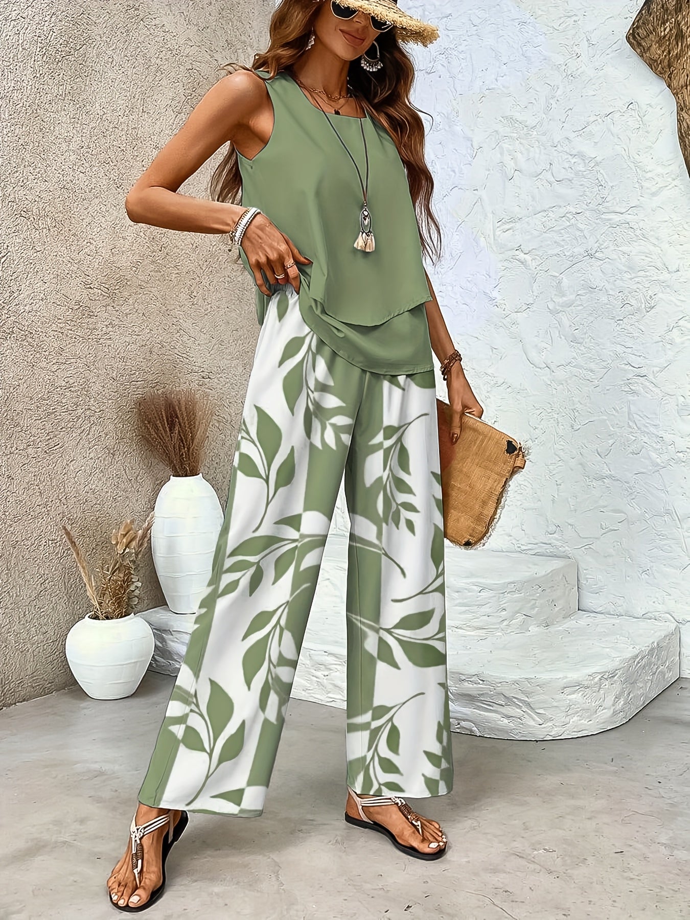 Conjunto de Pantalones Largos y Top Sin Mangas para Mujer con Estampado Tropical 🌴🌸
