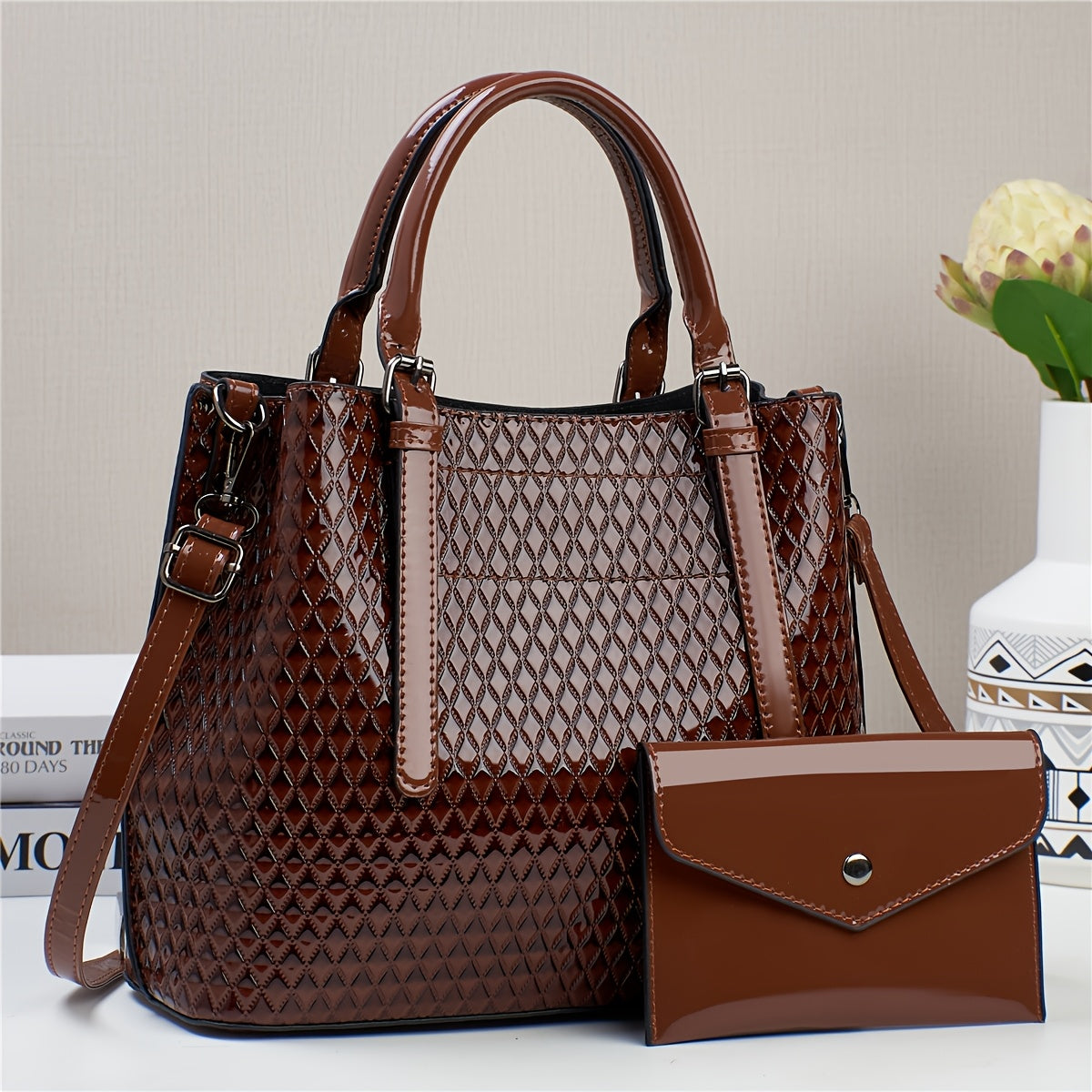 Bolso Tote Geométrico Estilo Crocodilo para Mujer con Correa Ajustable y Clutch Desmontable