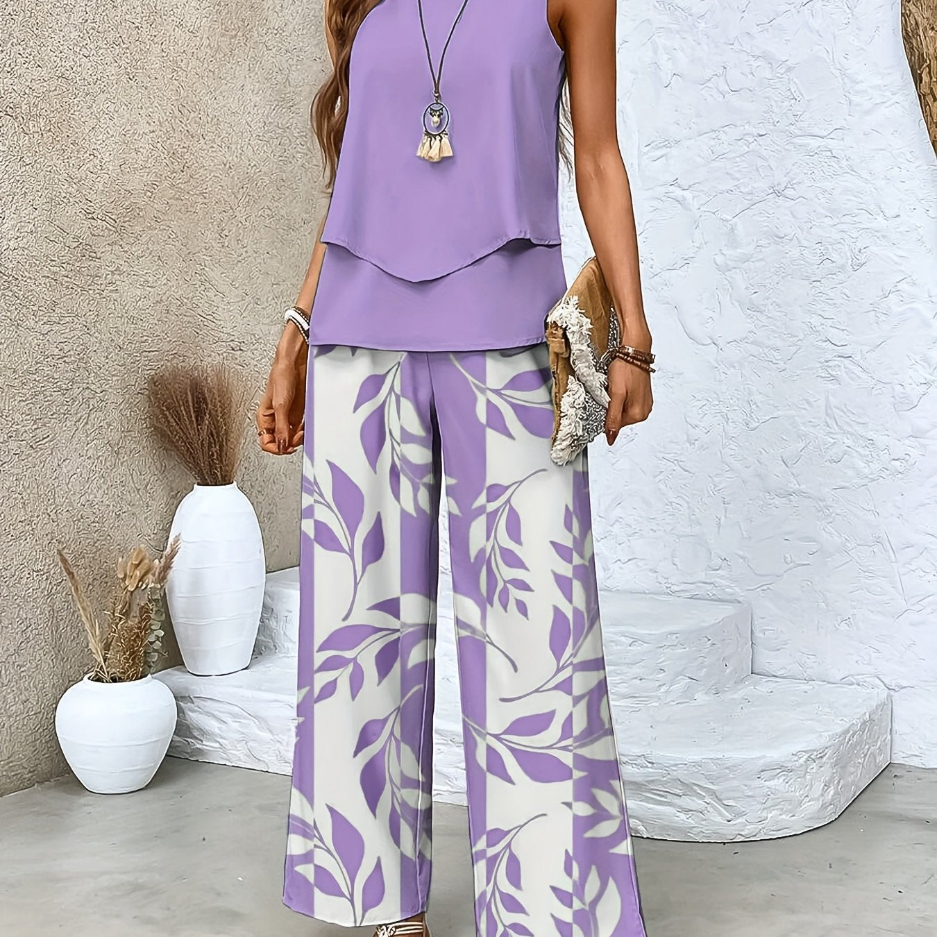 Conjunto de Pantalones Largos y Top Sin Mangas para Mujer con Estampado Tropical 🌴🌸