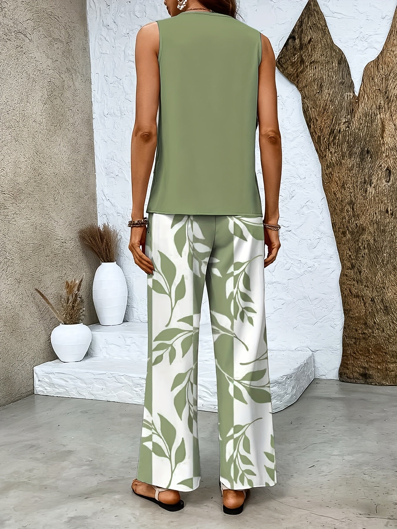Conjunto de Pantalones Largos y Top Sin Mangas para Mujer con Estampado Tropical 🌴🌸