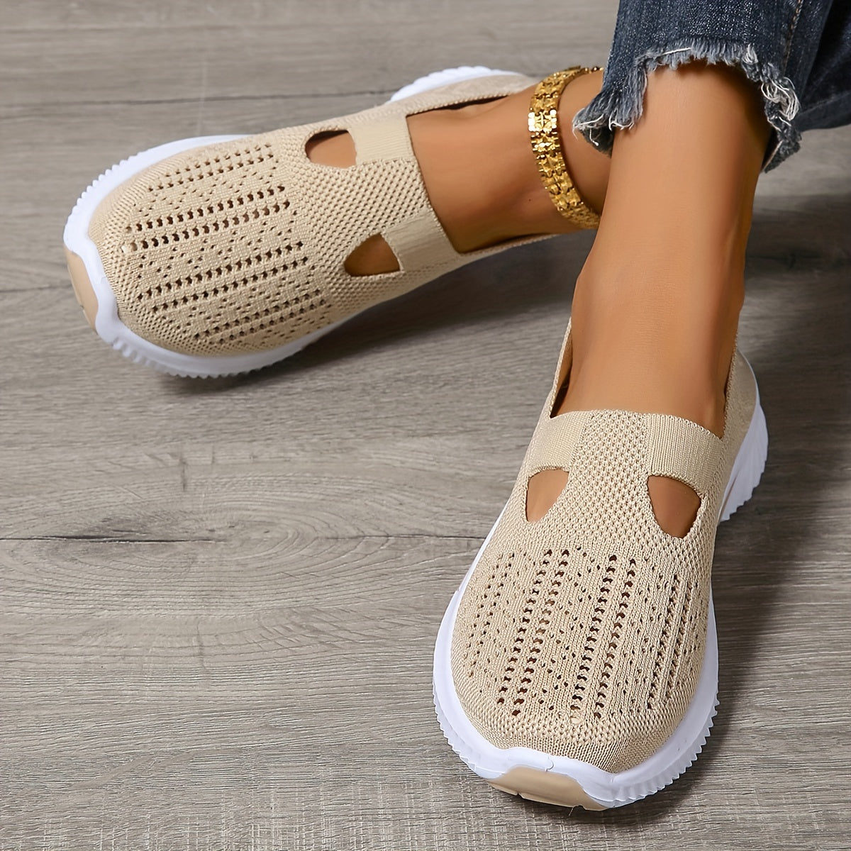 Zapatillas informales sin cordones transpirables para mujer: zapatos para caminar de tejido de punto con suela de goma y plantilla de fibra superfina, diseño de punta lisa de caña baja, calzado cómodo para todas las estaci