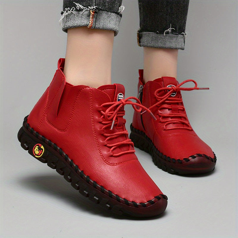 Zapatillas de Mujer Hechas a Mano de Corte Alto, con Cierre de Cordones y Cremallera Lateral - Zapatillas Planas para Caminar de Estilo Casual ๐๐