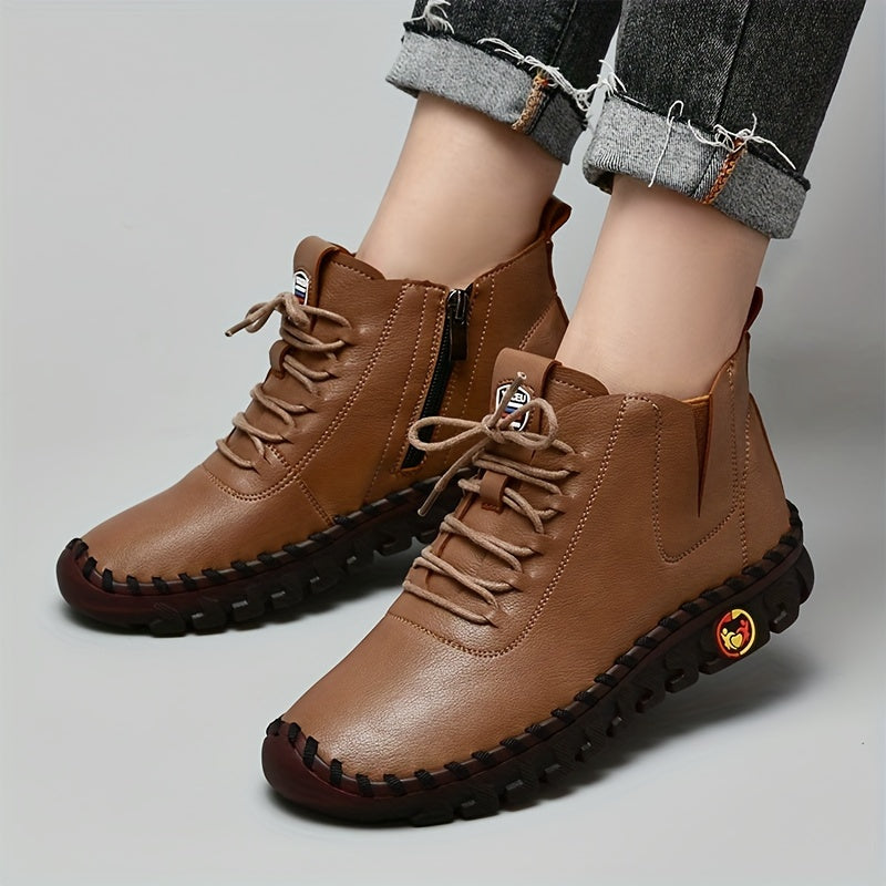 Zapatillas de Mujer Hechas a Mano de Corte Alto, con Cierre de Cordones y Cremallera Lateral - Zapatillas Planas para Caminar de Estilo Casual ๐๐