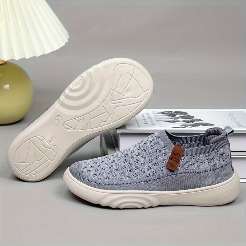 Mocasines casuales sin cordones para mujer: tejido de punto transpirable, suela gruesa, suela de goma antideslizante, gris versátil con detalle de cubierta marrón, calzado cómodo para todas las estaciones, zapatos casuales