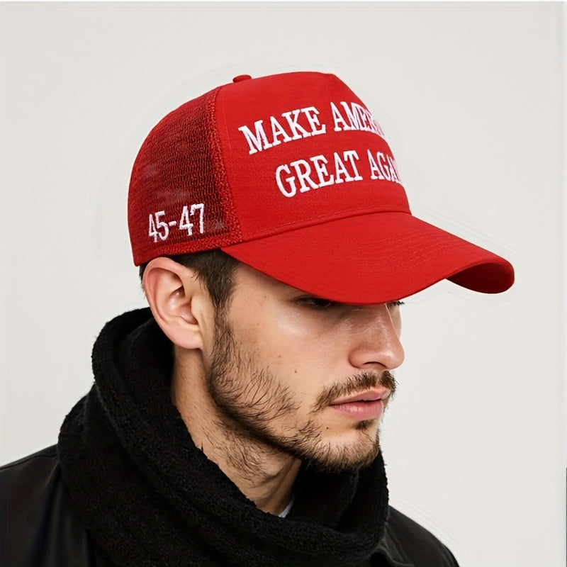 🇺🇸 Gorra Ajustable "Make America Great Again" – Diseño Patriótico con Bandera de EE.UU., Parte Trasera de Malla Transpirable, Cierre Snapback, Color Rojo | Gorra Estructurada | Accesorio para Exteriores