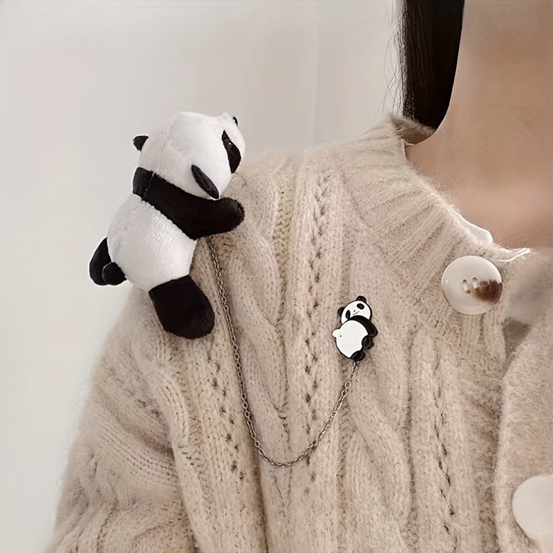 Broche de Peluche para Parejas - Dinosaurio Verde & Panda con Cadena