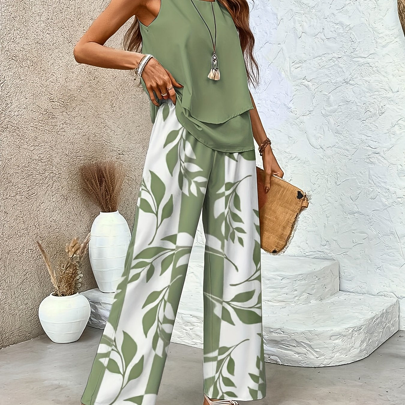 Conjunto de Pantalones Largos y Top Sin Mangas para Mujer con Estampado Tropical 🌴🌸