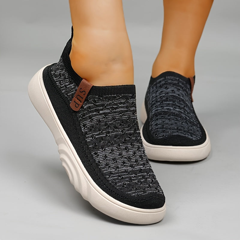 Mocasines casuales sin cordones para mujer: tejido de punto transpirable, suela gruesa, suela de goma antideslizante, gris versátil con detalle de cubierta marrón, calzado cómodo para todas las estaciones, zapatos casuales