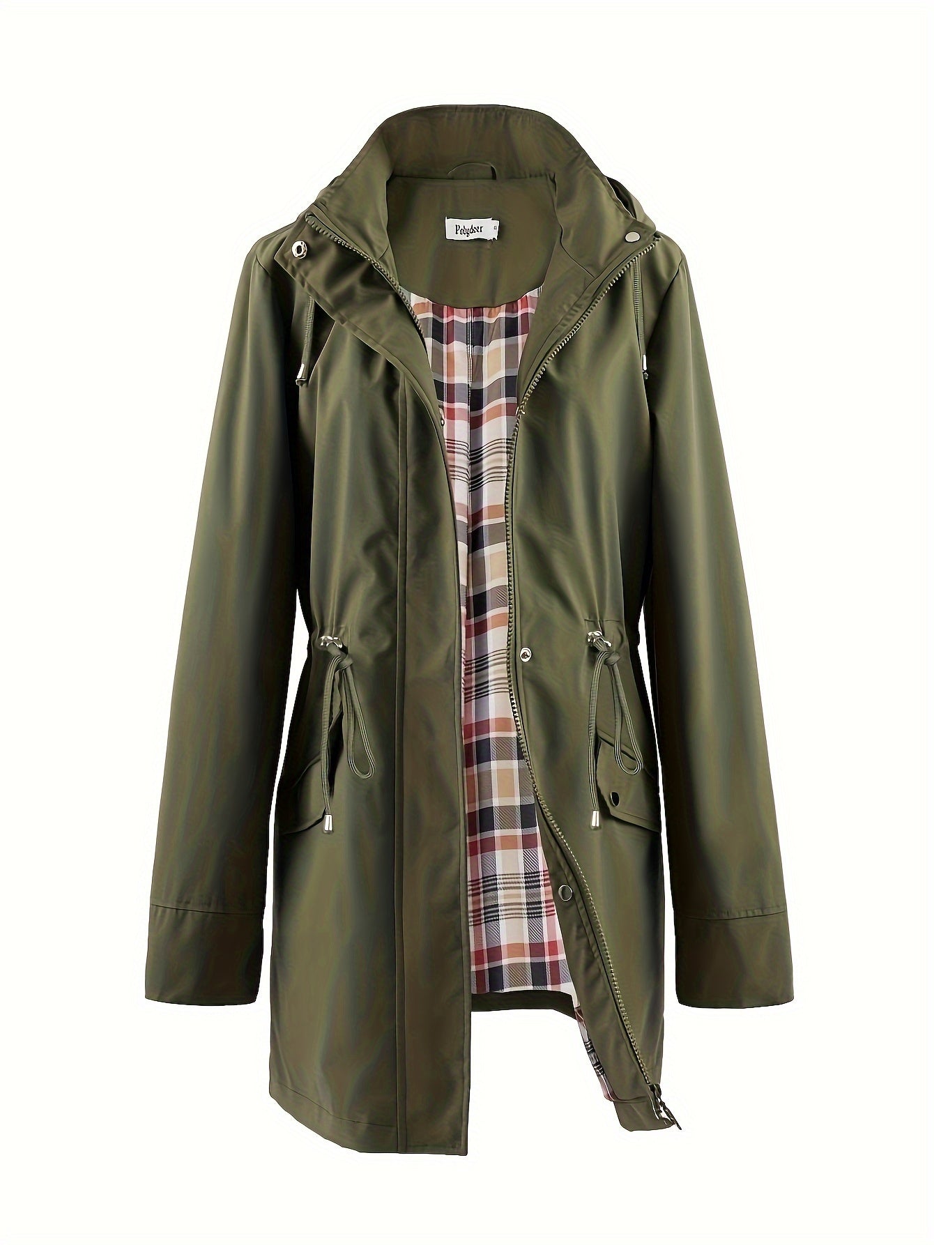 🌿 Chaqueta Impermeable Ligera para Mujer – Elegancia Verde con Capucha, Forro a Cuadros y Cintura Ajustable 🌧️