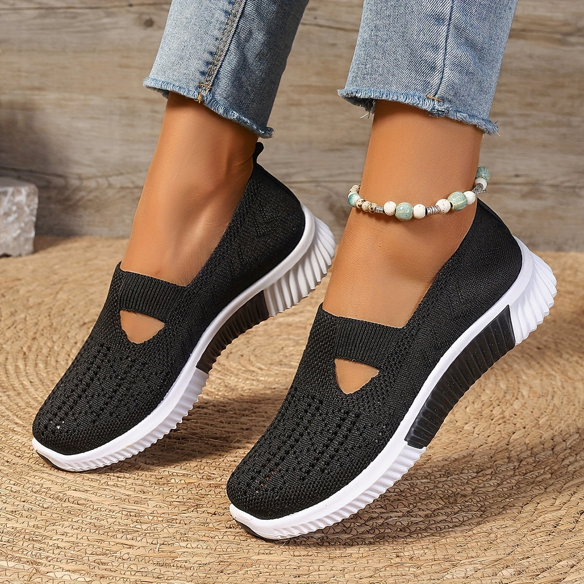 Zapatillas informales sin cordones transpirables para mujer: zapatos para caminar de tejido de punto con suela de goma y plantilla de fibra superfina, diseño de punta lisa de caña baja, calzado cómodo para todas las estaci