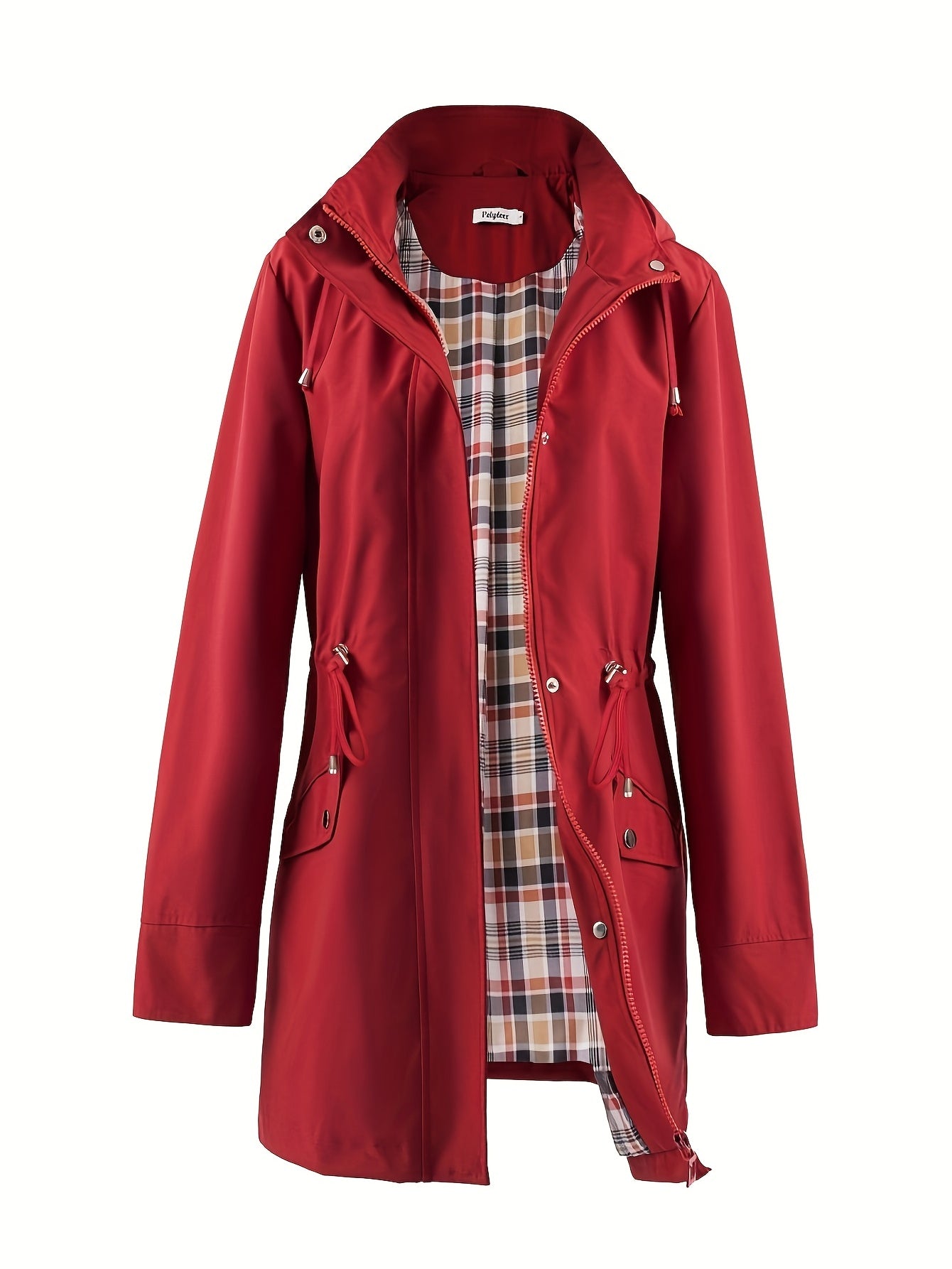 🌿 Chaqueta Impermeable Ligera para Mujer – Elegancia Verde con Capucha, Forro a Cuadros y Cintura Ajustable 🌧️