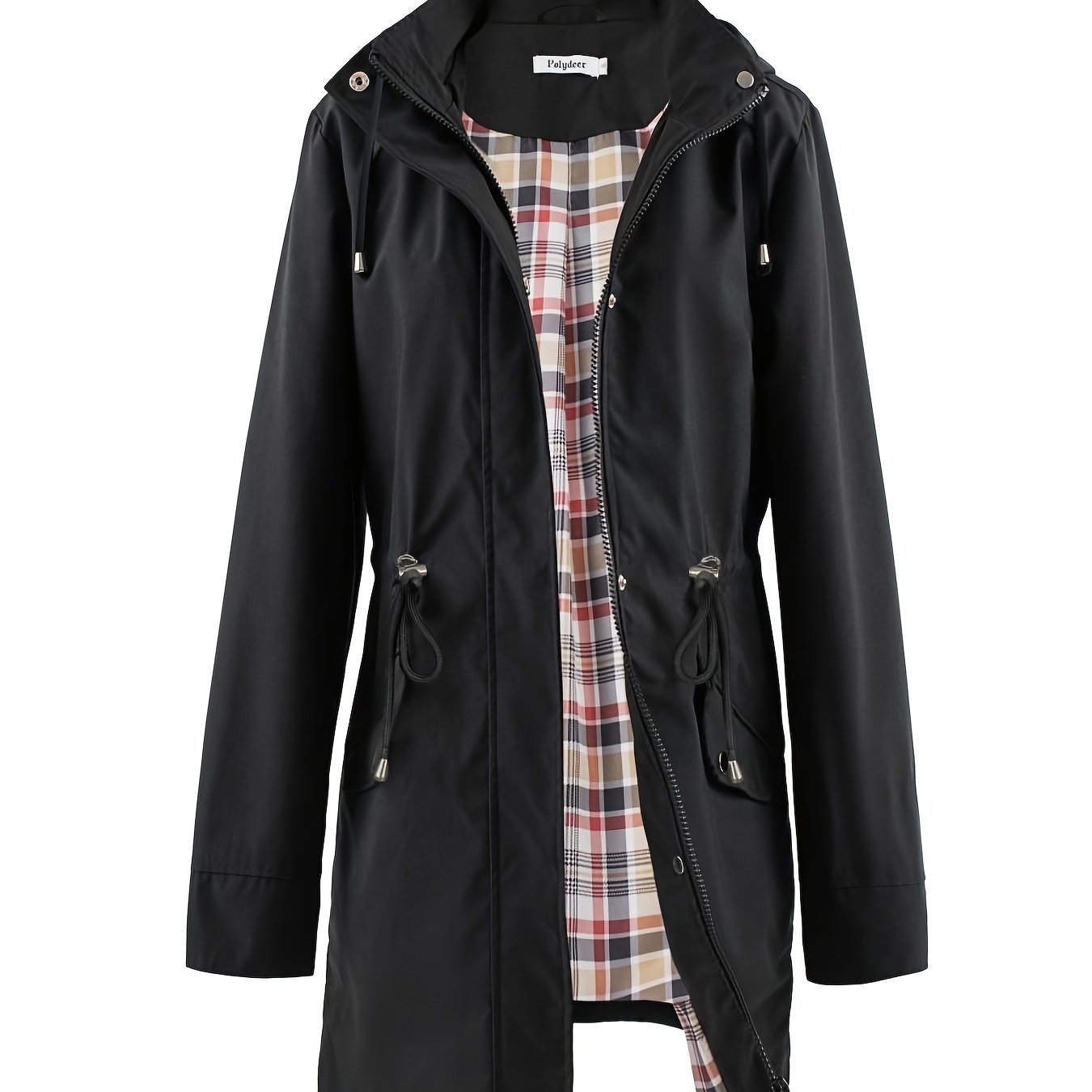 🌿 Chaqueta Impermeable Ligera para Mujer – Elegancia Verde con Capucha, Forro a Cuadros y Cintura Ajustable 🌧️