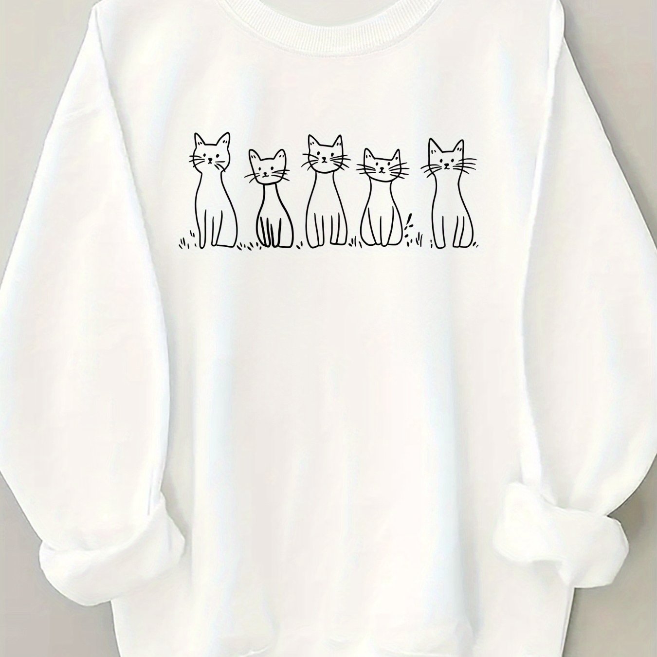 🐾 Sudadera Blanca de Cuello Redondo para Mujer con Ilustración de Gato – Estilo Casual y Divertido para Todos los Días 🐾