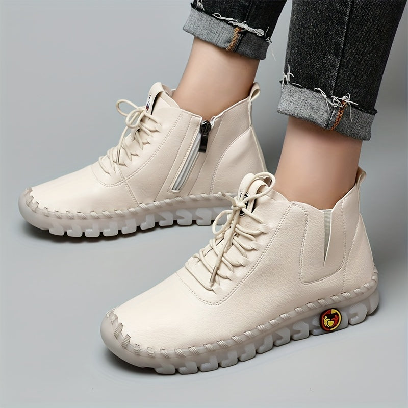 Zapatillas de Mujer Hechas a Mano de Corte Alto, con Cierre de Cordones y Cremallera Lateral - Zapatillas Planas para Caminar de Estilo Casual ๐๐
