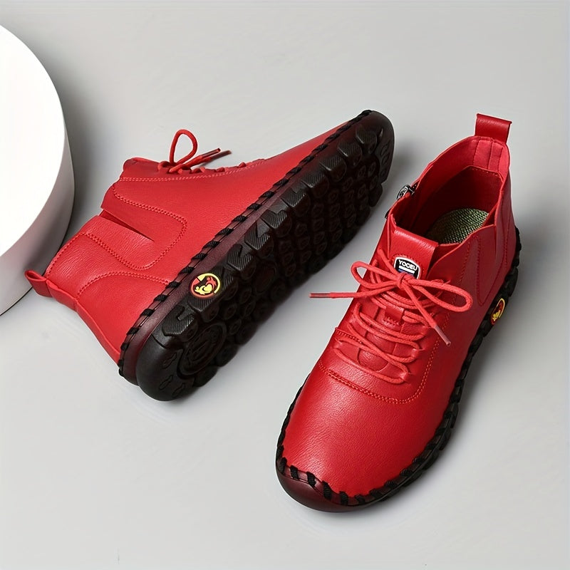 Zapatillas de Mujer Hechas a Mano de Corte Alto, con Cierre de Cordones y Cremallera Lateral - Zapatillas Planas para Caminar de Estilo Casual ๐๐