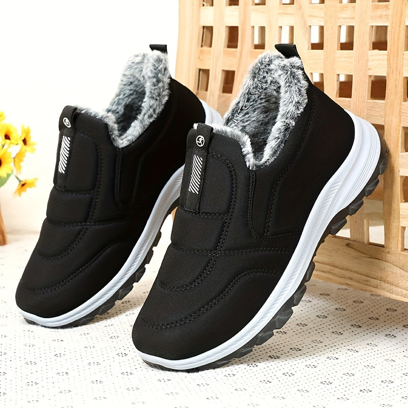 Botines de invierno para mujer cómodos y elegantes: forro de felpa, suela antideslizante, punta redonda, zapatos casuales cómodos para exteriores con plantilla suave, color sólido, forro polar cálido para caminatas y send
