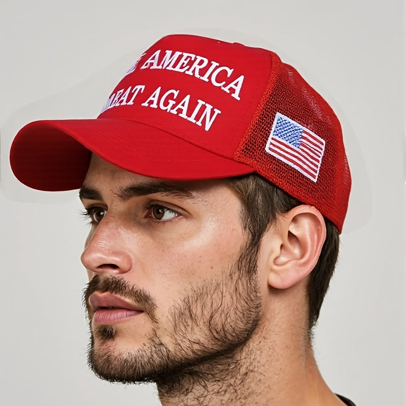 🇺🇸 Gorra Ajustable "Make America Great Again" – Diseño Patriótico con Bandera de EE.UU., Parte Trasera de Malla Transpirable, Cierre Snapback, Color Rojo | Gorra Estructurada | Accesorio para Exteriores