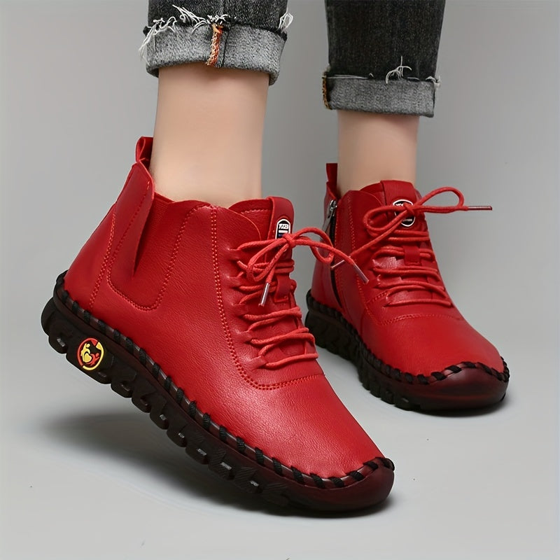 Zapatillas de Mujer Hechas a Mano de Corte Alto, con Cierre de Cordones y Cremallera Lateral - Zapatillas Planas para Caminar de Estilo Casual ๐๐