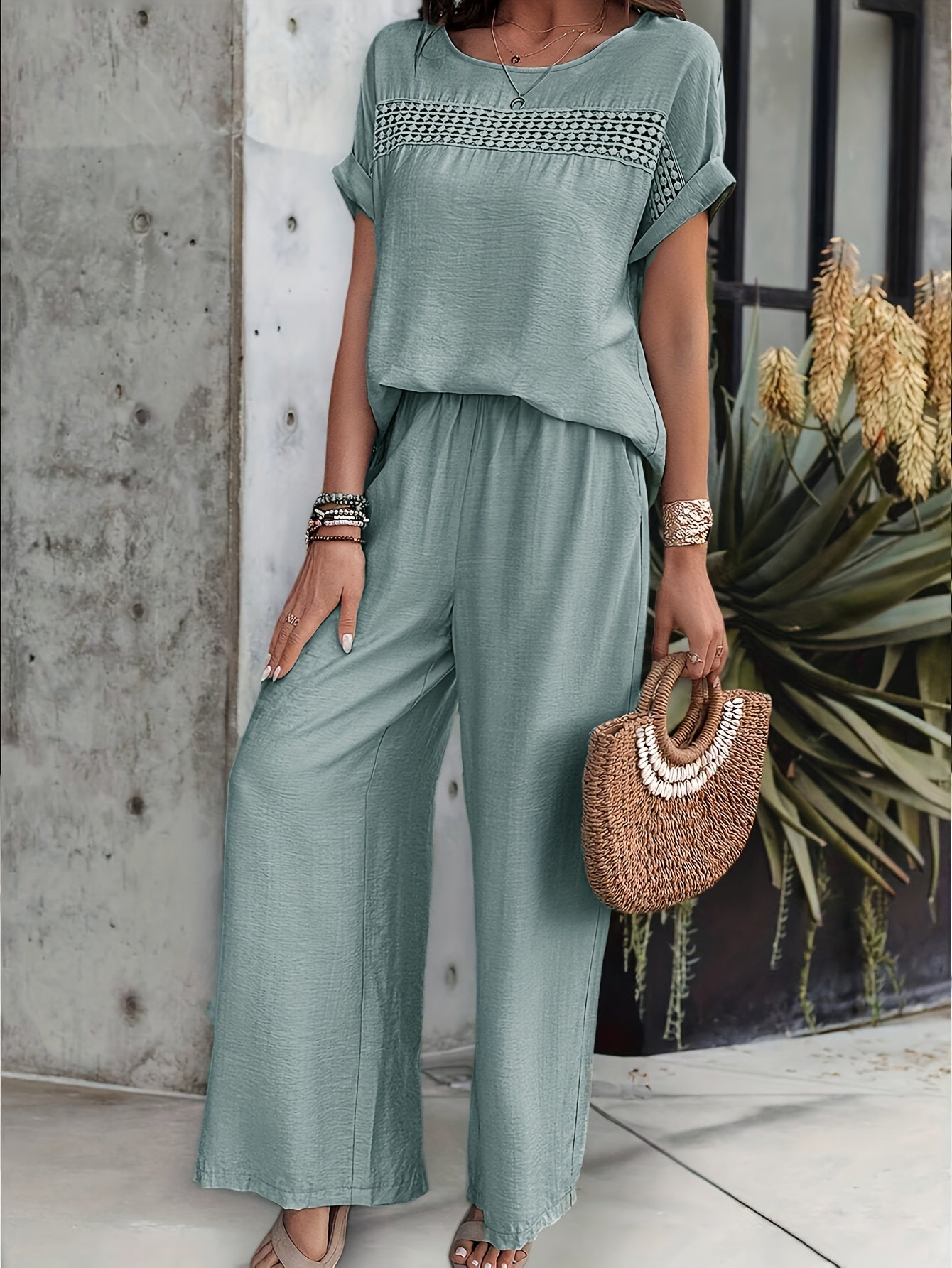 Top y Pantalones Elegantes de Manga Corta y Cuello Redondo