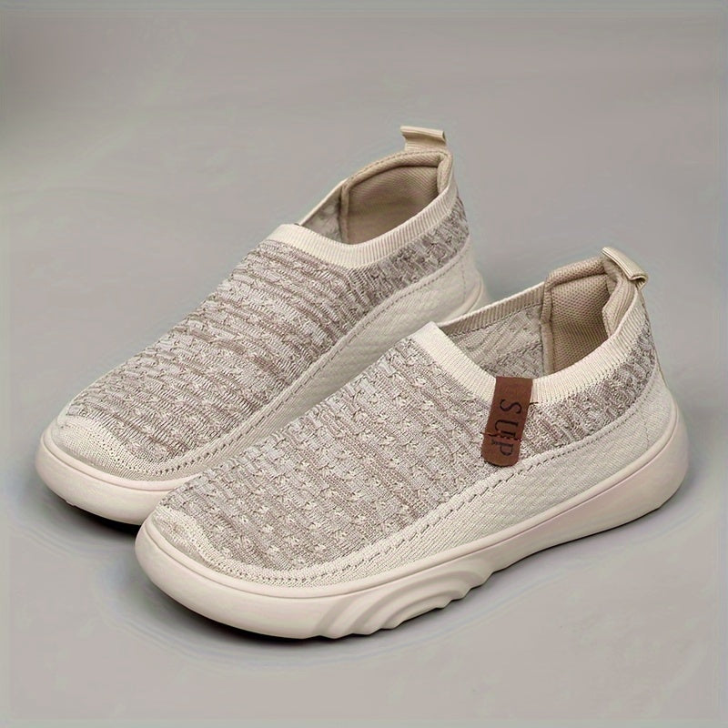 Mocasines casuales sin cordones para mujer: tejido de punto transpirable, suela gruesa, suela de goma antideslizante, gris versátil con detalle de cubierta marrón, calzado cómodo para todas las estaciones, zapatos casuales