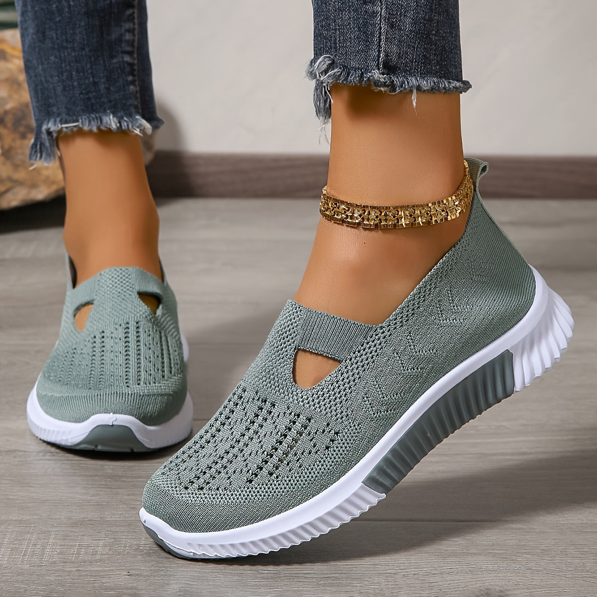 Zapatillas informales sin cordones transpirables para mujer: zapatos para caminar de tejido de punto con suela de goma y plantilla de fibra superfina, diseño de punta lisa de caña baja, calzado cómodo para todas las estaci