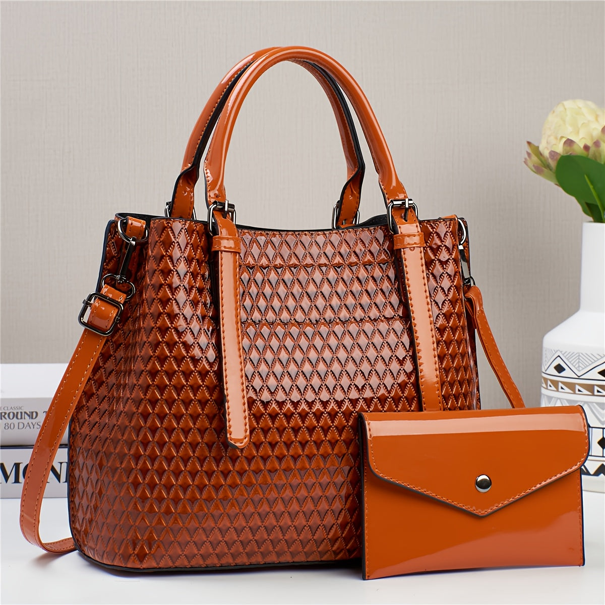 Bolso Tote Geométrico Estilo Crocodilo para Mujer con Correa Ajustable y Clutch Desmontable