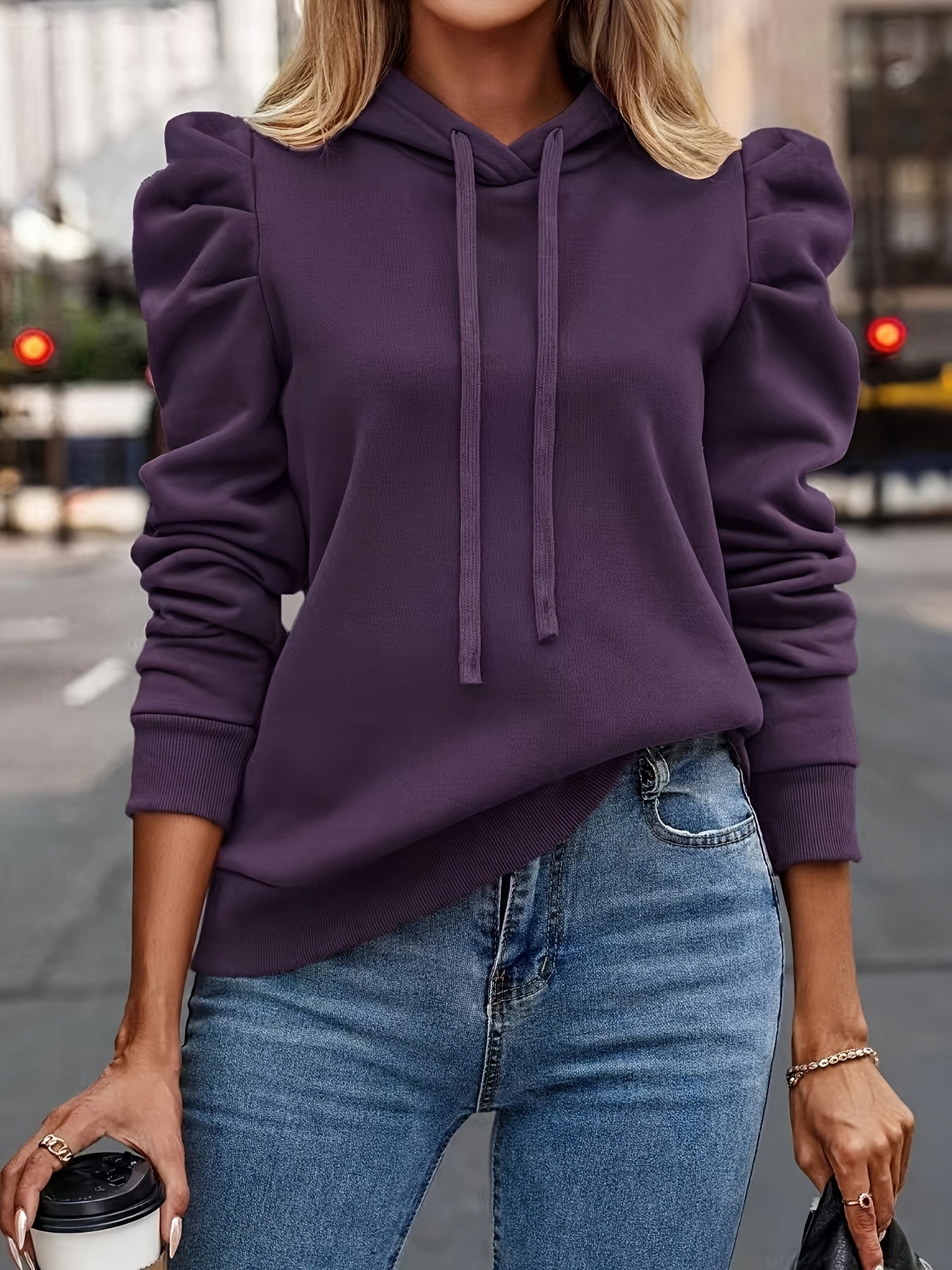 🍂 Hoodie de Color Sólido con Capucha y Mangas Abullonadas – Estilo Casual para Otoño e Invierno
