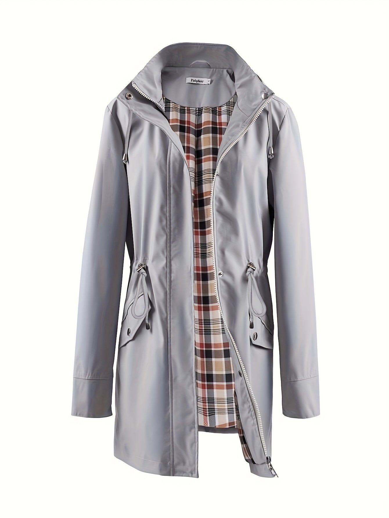 🌿 Chaqueta Impermeable Ligera para Mujer – Elegancia Verde con Capucha, Forro a Cuadros y Cintura Ajustable 🌧️