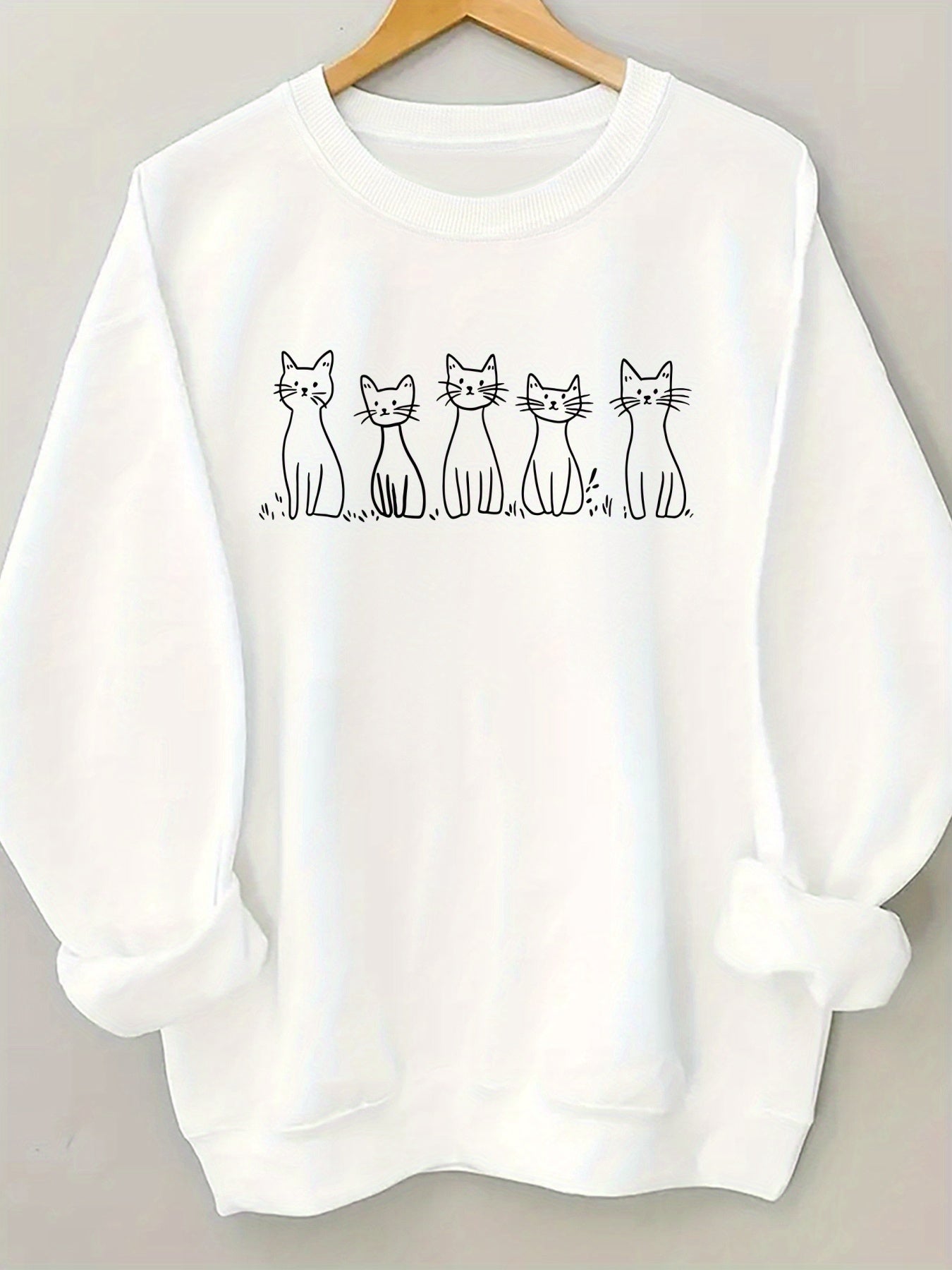 🐾 Sudadera Blanca de Cuello Redondo para Mujer con Ilustración de Gato – Estilo Casual y Divertido para Todos los Días 🐾