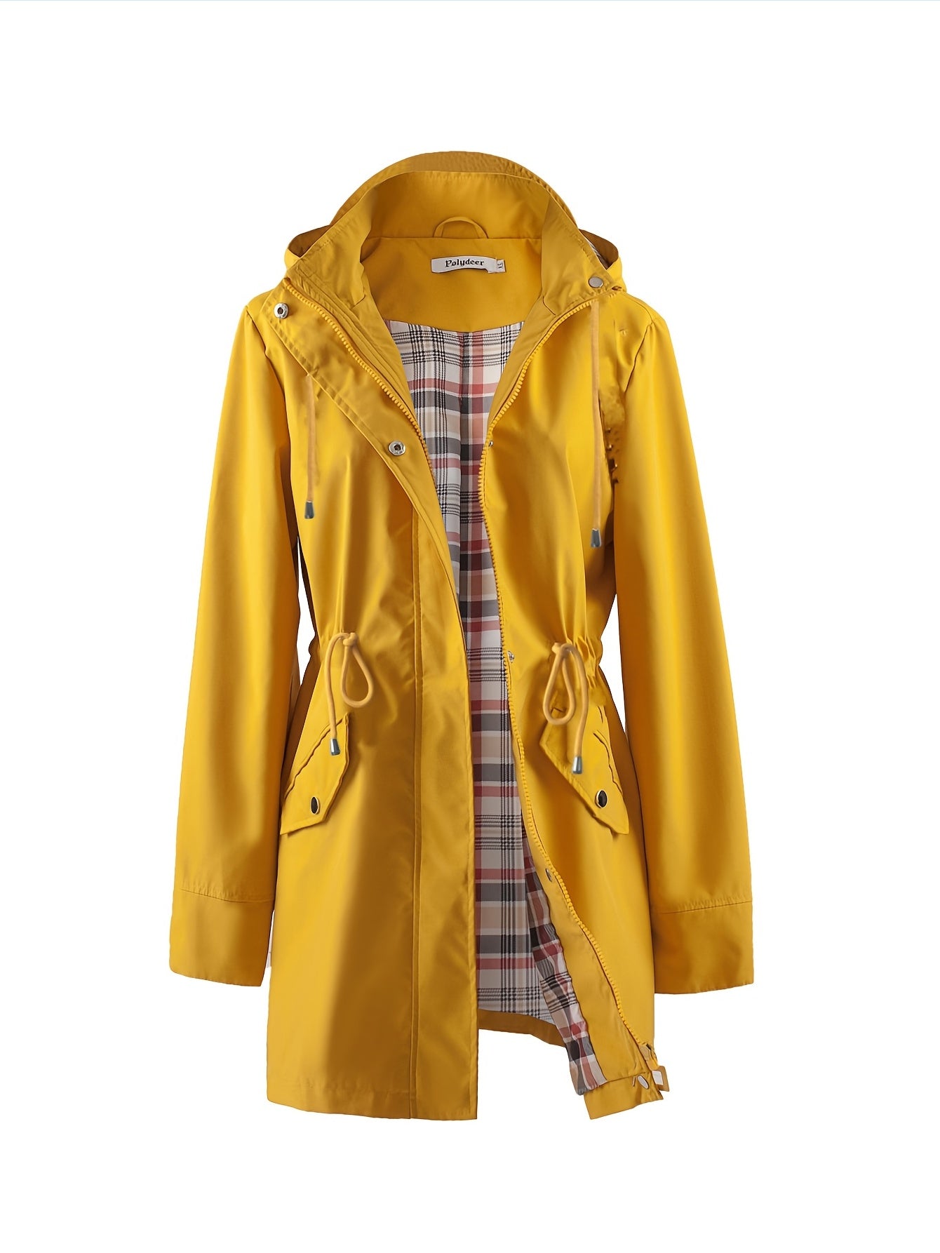🌿 Chaqueta Impermeable Ligera para Mujer – Elegancia Verde con Capucha, Forro a Cuadros y Cintura Ajustable 🌧️