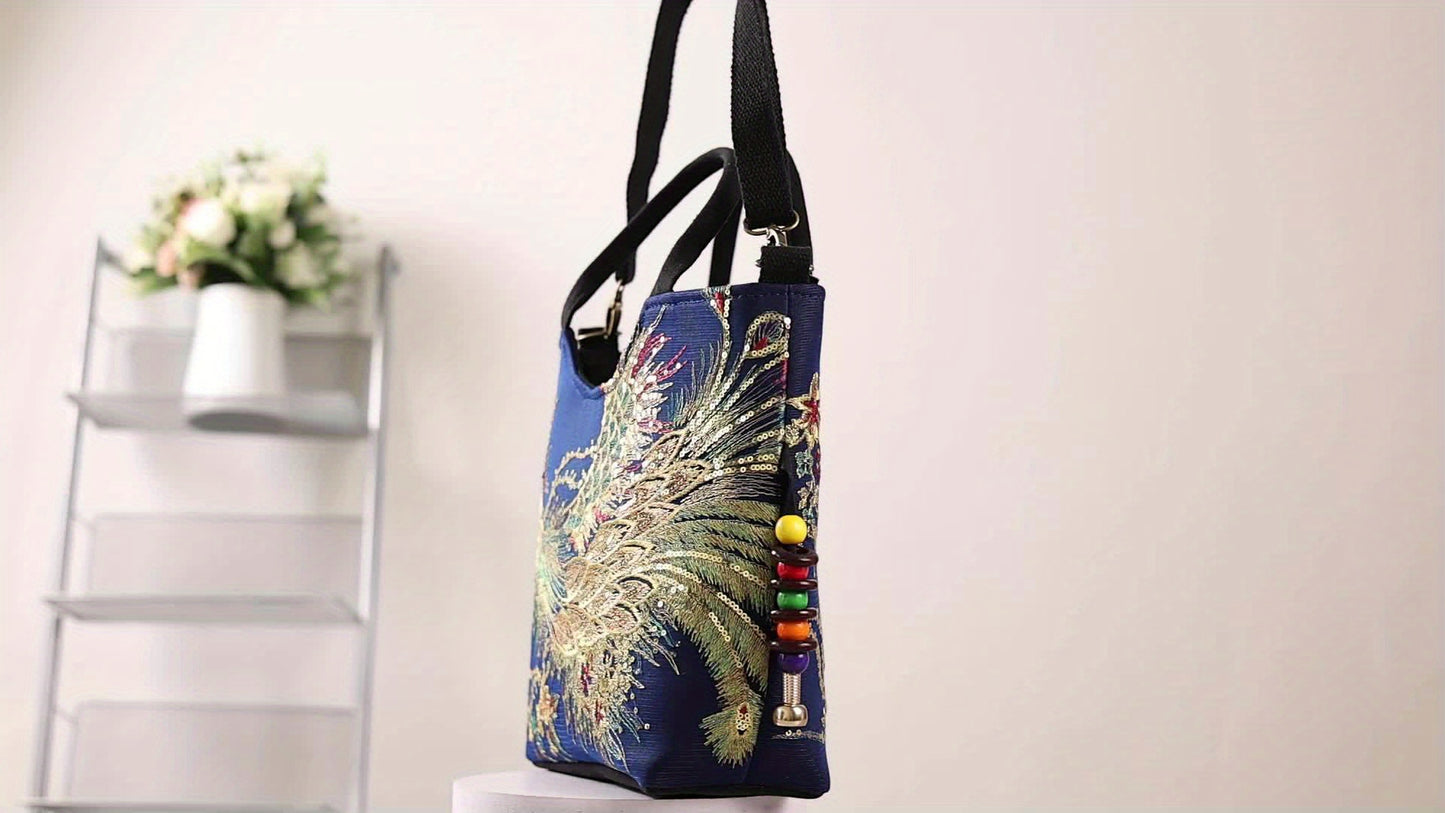 Bolso de Mano Bordado para Mujer, Estilo Retro con Asa Doble y Correa Removible