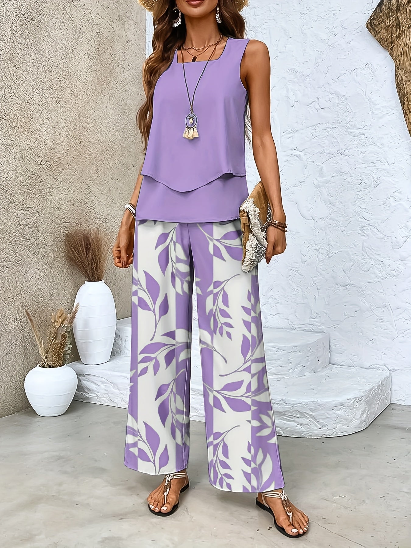 Conjunto de Pantalones Largos y Top Sin Mangas para Mujer con Estampado Tropical 🌴🌸