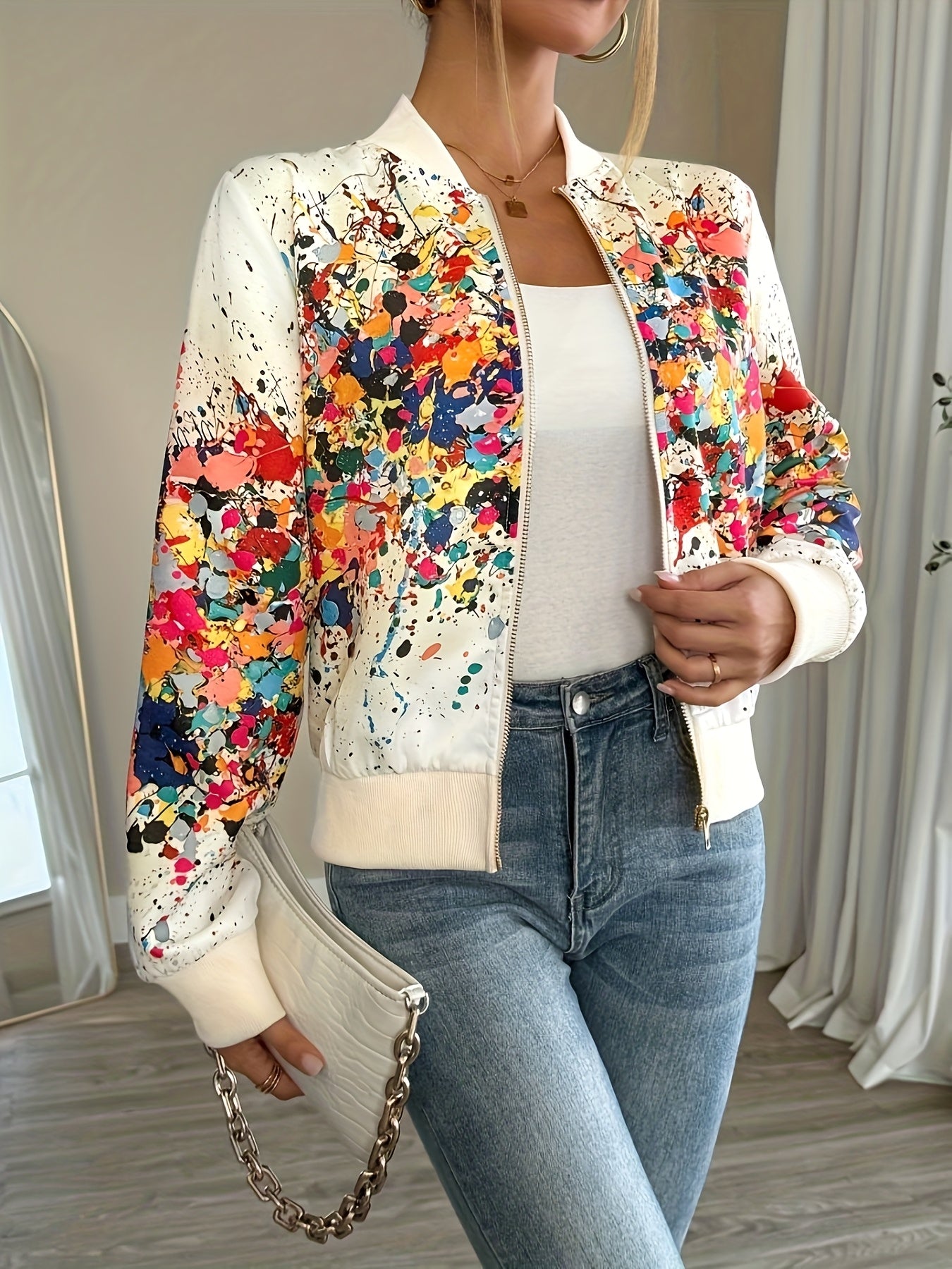 Chaqueta Casual de Tela Teñida para Mujer con Cuello Alto y Detalle de Cremallera - Ligera y Perfecta para Primavera y Otoño 🌿✨