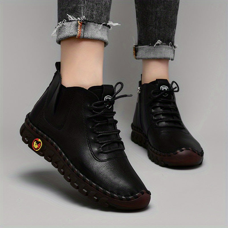 Zapatillas de Mujer Hechas a Mano de Corte Alto, con Cierre de Cordones y Cremallera Lateral - Zapatillas Planas para Caminar de Estilo Casual ๐๐