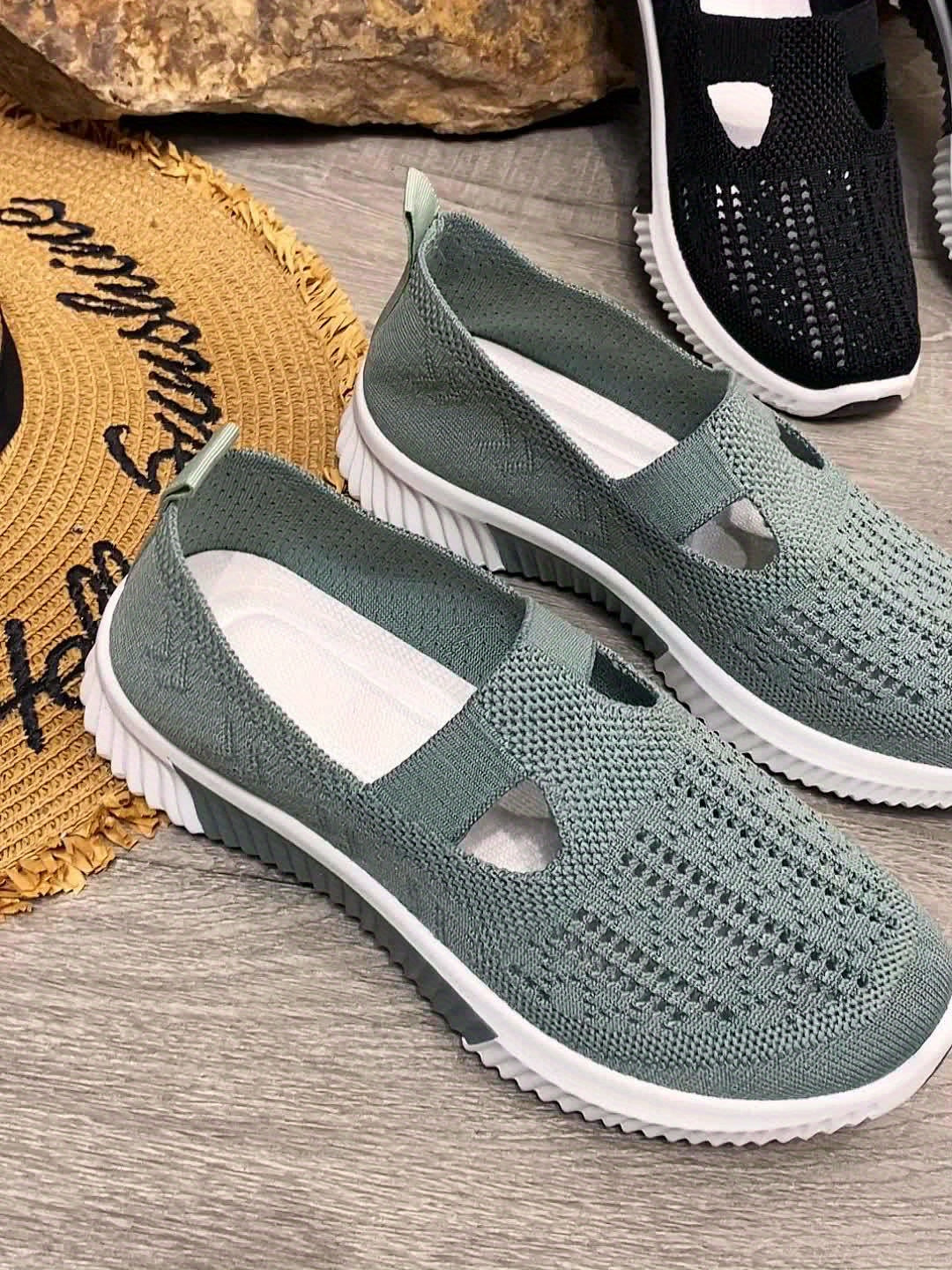 Zapatillas informales sin cordones transpirables para mujer: zapatos para caminar de tejido de punto con suela de goma y plantilla de fibra superfina, diseño de punta lisa de caña baja, calzado cómodo para todas las estaci