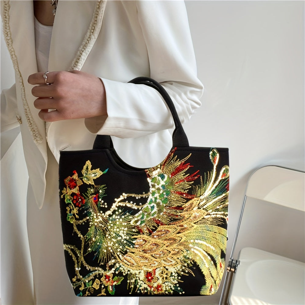 Bolso de Mano Bordado para Mujer, Estilo Retro con Asa Doble y Correa Removible