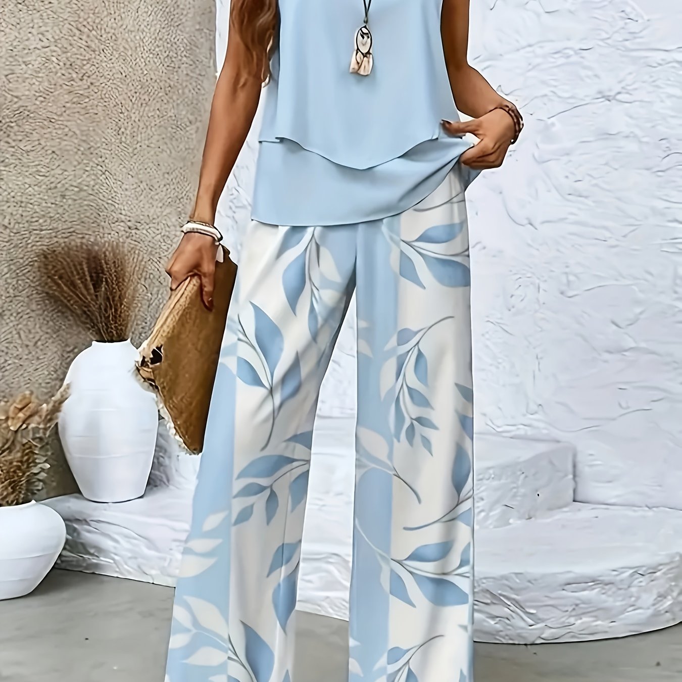 Conjunto de Pantalones Largos y Top Sin Mangas para Mujer con Estampado Tropical 🌴🌸