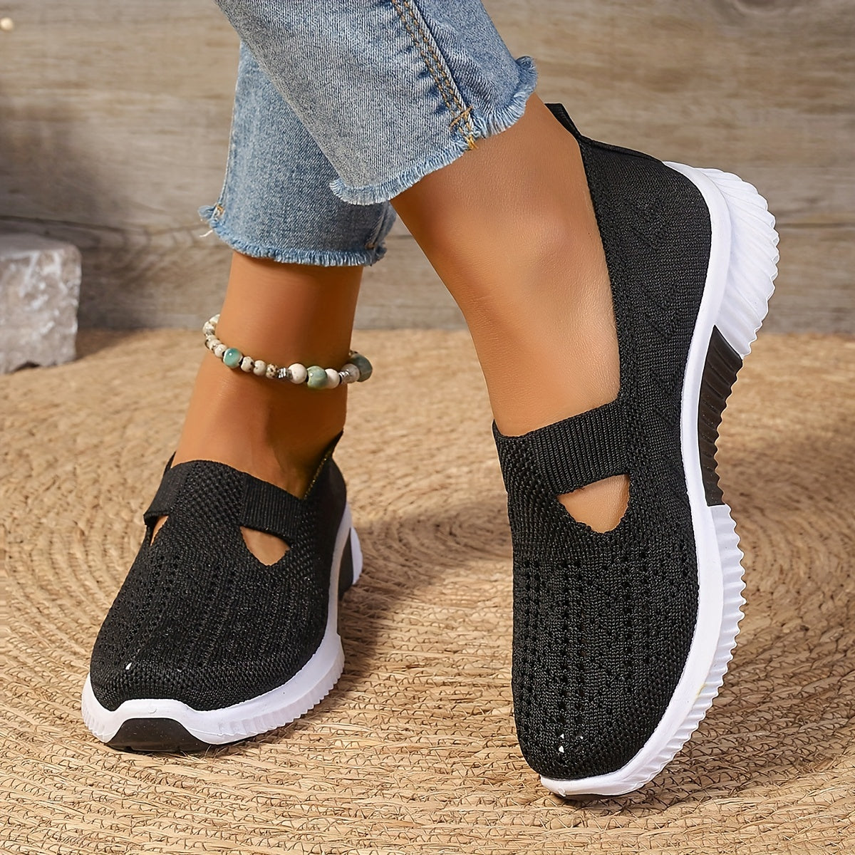 Zapatillas informales sin cordones transpirables para mujer: zapatos para caminar de tejido de punto con suela de goma y plantilla de fibra superfina, diseño de punta lisa de caña baja, calzado cómodo para todas las estaci