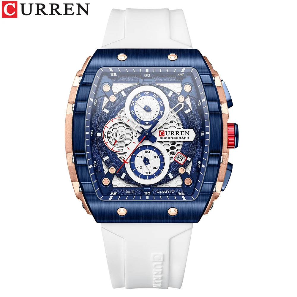 Reloj CURREN para hombre: diseño de lujo con esfera cuadrada, cronógrafo, luz nocturna y resistencia al agua. Elegancia y precisión en tu muñeca.