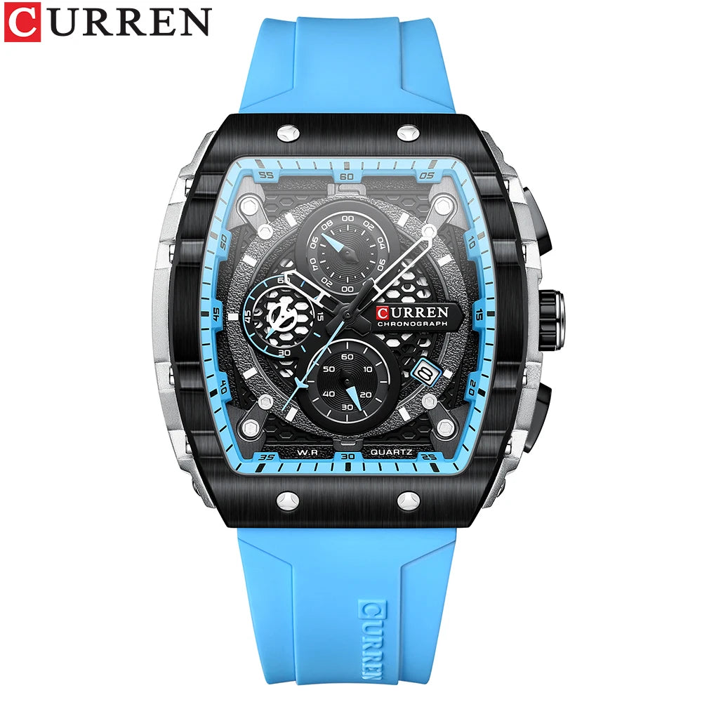 Reloj CURREN para hombre: diseño de lujo con esfera cuadrada, cronógrafo, luz nocturna y resistencia al agua. Elegancia y precisión en tu muñeca.