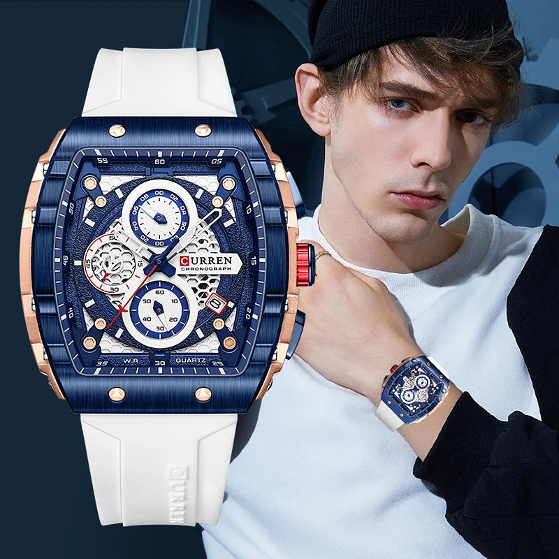 Reloj CURREN para hombre: diseño de lujo con esfera cuadrada, cronógrafo, luz nocturna y resistencia al agua. Elegancia y precisión en tu muñeca.