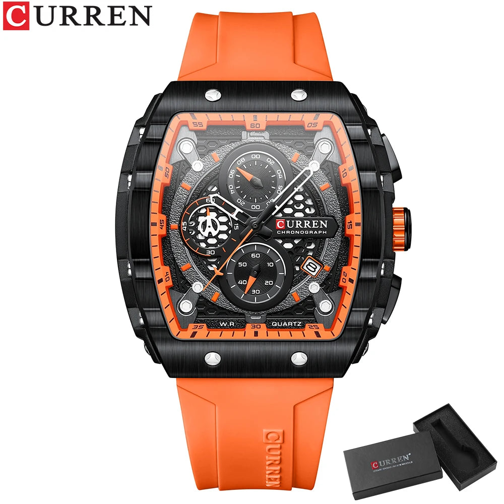 Reloj CURREN para hombre: diseño de lujo con esfera cuadrada, cronógrafo, luz nocturna y resistencia al agua. Elegancia y precisión en tu muñeca.