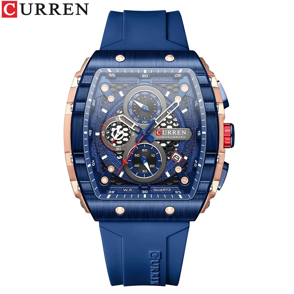 Reloj CURREN para hombre: diseño de lujo con esfera cuadrada, cronógrafo, luz nocturna y resistencia al agua. Elegancia y precisión en tu muñeca.