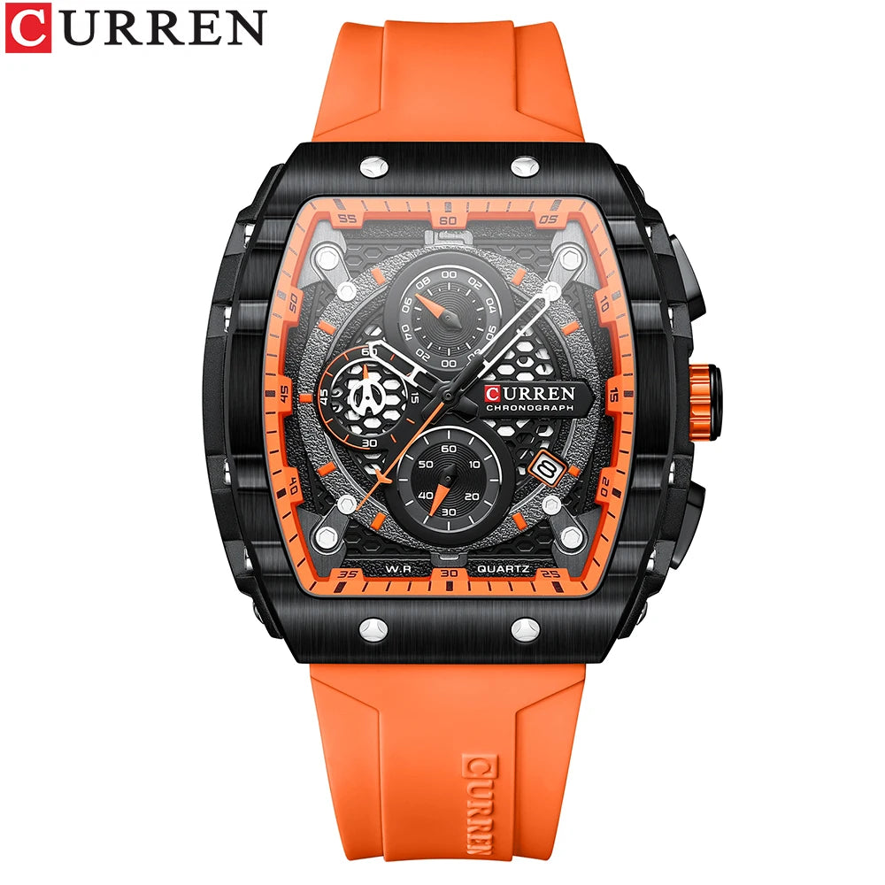 Reloj CURREN para hombre: diseño de lujo con esfera cuadrada, cronógrafo, luz nocturna y resistencia al agua. Elegancia y precisión en tu muñeca.