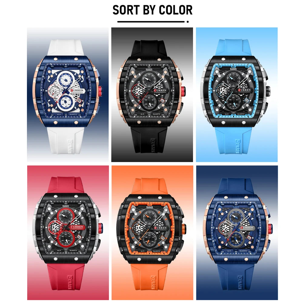Reloj CURREN para hombre: diseño de lujo con esfera cuadrada, cronógrafo, luz nocturna y resistencia al agua. Elegancia y precisión en tu muñeca.