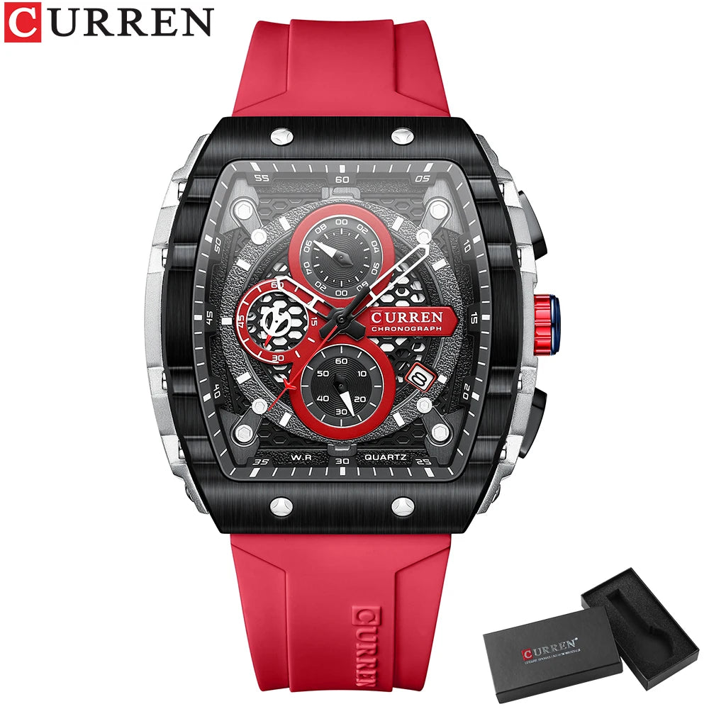 Reloj CURREN para hombre: diseño de lujo con esfera cuadrada, cronógrafo, luz nocturna y resistencia al agua. Elegancia y precisión en tu muñeca.