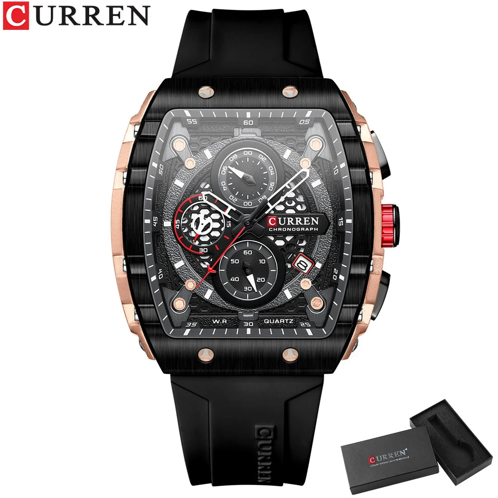 Reloj CURREN para hombre: diseño de lujo con esfera cuadrada, cronógrafo, luz nocturna y resistencia al agua. Elegancia y precisión en tu muñeca.